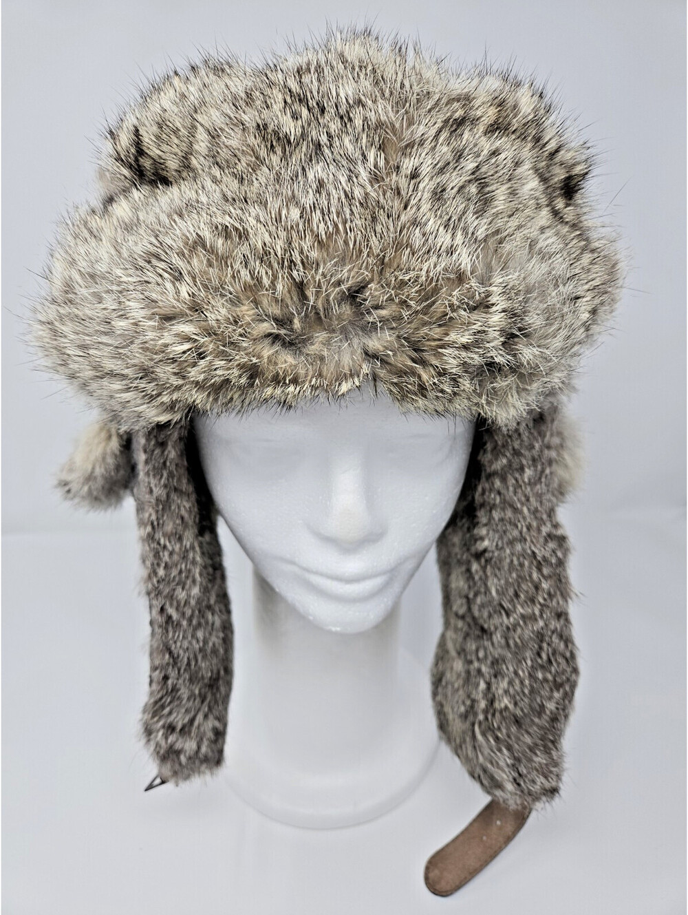 Mad Bomber Real Rabbit Fur Trapper Hat with Ear Cover Flaps Black Gray Fur Med